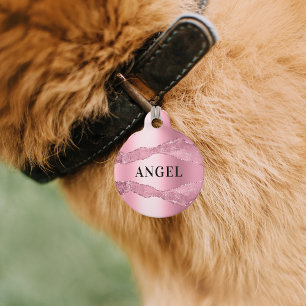 Placa Para Mascotas Canica de ágata rosa nombre perro