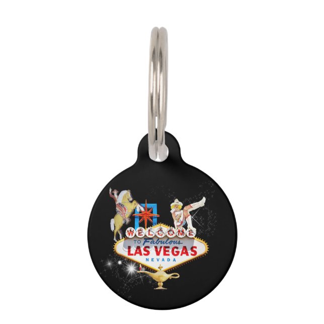 Placa Para Mascotas Cartel de bienvenida a Las Vegas sobre fondo estre (Anverso)