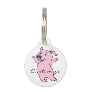 Placa Para Mascotas Cerdo rosado feliz que salta Thunder_Cove