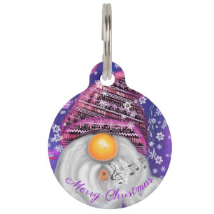 Placa Para Mascotas Christmas Pet ID Tag Gnome In Purple Hat Singing