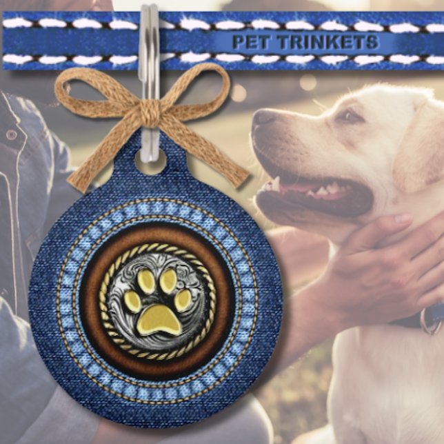 Placa Para Mascotas Cinchón de cuero azul mezclilla y estampa de pata  (Subido por el creador)