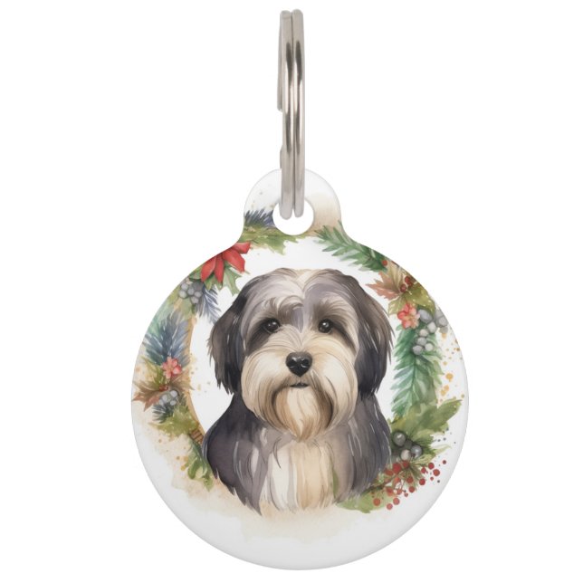 Placa Para Mascotas Círculo Navideño de Terrier Tibetano Perro Festivo (Anverso)
