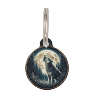 Placa Para Mascotas Clásico, lobo vintage y luna