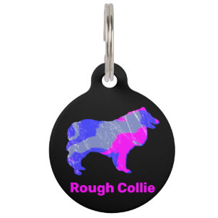 Placa Para Mascotas Collie Áspero Rosa Caliente y Azul