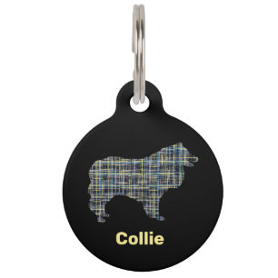 Placa Para Mascotas Collie Rough Yellow & Black Grid Line Etiqueta de 