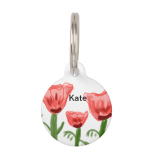 Placa Para Mascotas Color de agua rojo floral acuarela agregar nombre