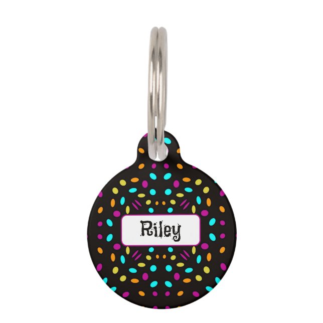 Placa Para Mascotas Colorful retro dots 80s inspired black (Anverso)