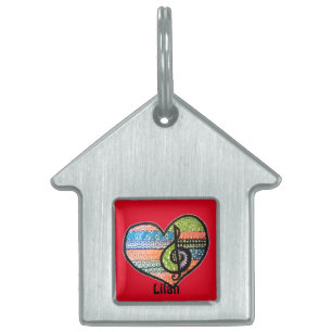Placa Para Mascotas Colorida música arcoiris Heart Doodle Personalizad