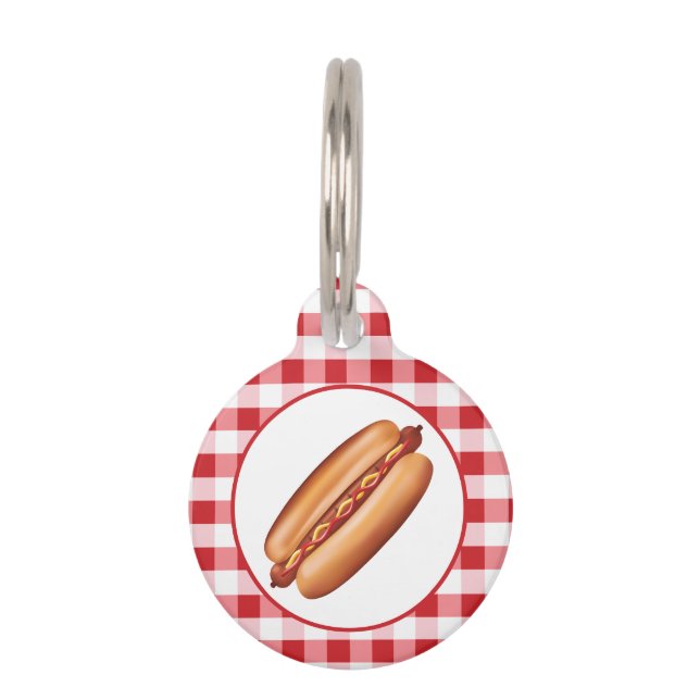 Placa Para Mascotas Comida Rápida Hot Dog Snack Sobre Gingham Rojo (Anverso)