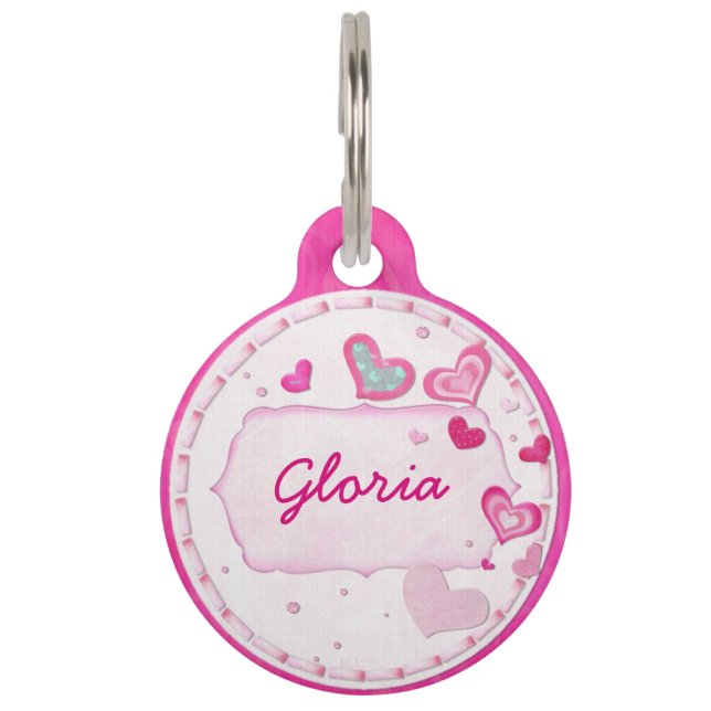 Placa Para Mascotas CONTACTO PERSONALIZADO Jewled Pink Hearts (Anverso)