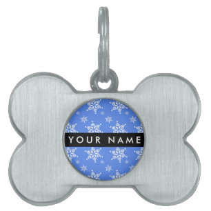 Placa Para Mascotas Copos de nieve blancos, azul, tu nombre, personali