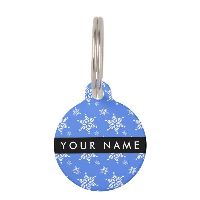 Placa Para Mascotas Copos de nieve blancos, azul, tu nombre, personali (Anverso)