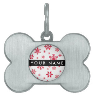 Placa Para Mascotas Copos de nieve rojos, tu nombre, personaliza