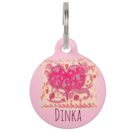 Placa Para Mascotas Corazón de arte popular con hojas y flores