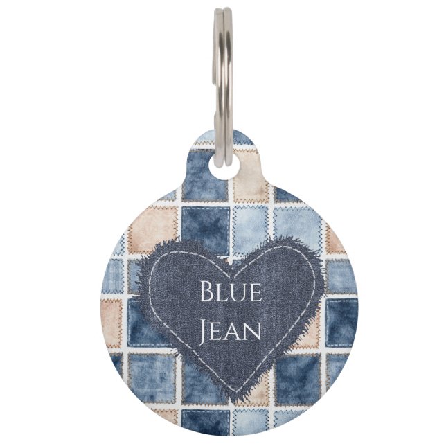 Placa Para Mascotas Corazón de mezclilla azul crema falsa (Anverso)