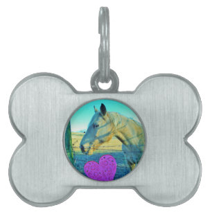 Placa Para Mascotas Corazón rosa y caballo amarillo