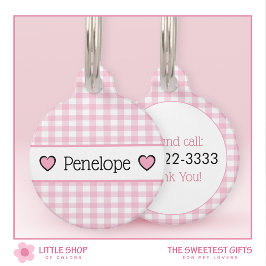 Placa Para Mascotas Corazones de Vichy Rosa Personalizados