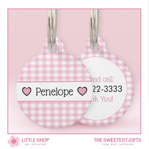 Placa Para Mascotas Corazones de Vichy Rosa Personalizados