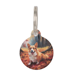 Placa Para Mascotas Corgi en Hojas de Otoño Cae Inspira