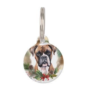 Placa Para Mascotas Corona de Navidad Boxer Puppy Festivo