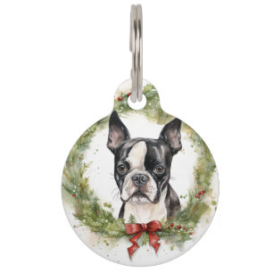 Placa Para Mascotas Corona de Navidad de Boston Terrier Perro Festivo