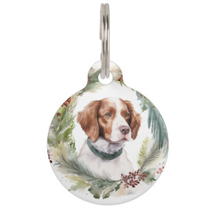 Placa Para Mascotas Corona de Navidad de Brittany Spaniel Perro Festiv