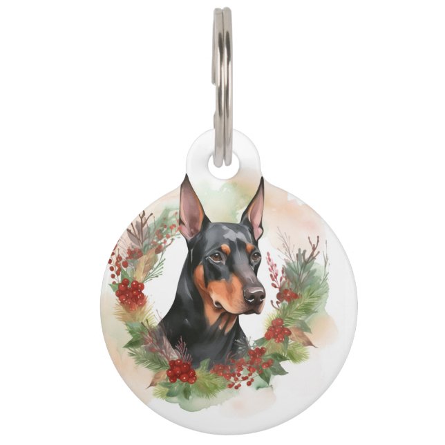 Placa Para Mascotas Corona de Navidad de Doberman Cachorro Festivo (Anverso)