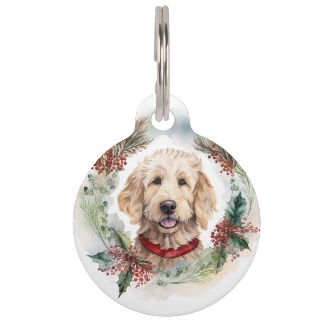 Placa Para Mascotas Corona de Navidad de Goldendoodle Perro festivo (Anverso)