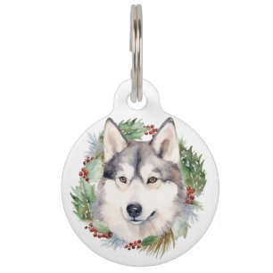 Placa Para Mascotas Corona de Navidad de Husky Siberiano Perro Festivo