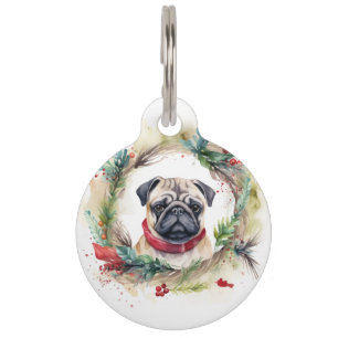 Placa Para Mascotas Corona de Navidad de Pug Perro Festivo