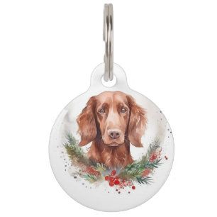 Placa Para Mascotas Corona de Navidad de Setter Rojo Irlandés Cachorro