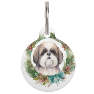 Placa Para Mascotas Corona de Navidad de Shih Tzu Perro festivo