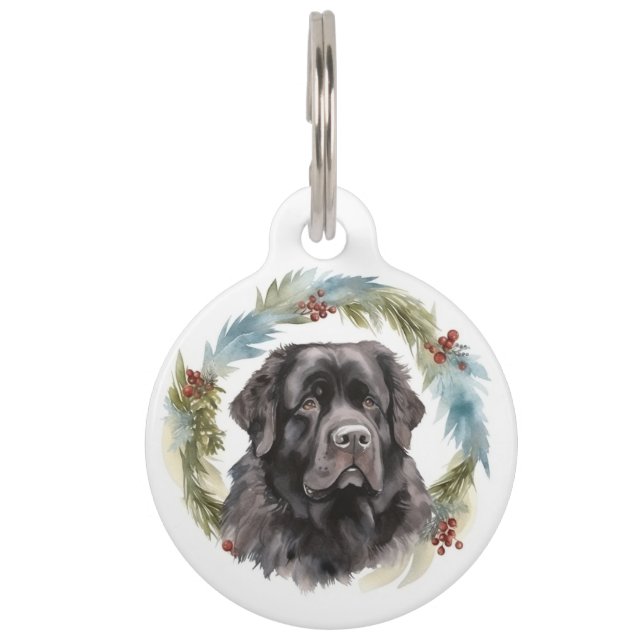 Placa Para Mascotas Corona de Navidad de Terranova Cachorro Festivo (Anverso)
