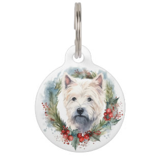 Placa Para Mascotas Corona de Navidad de Terrier West Highland Blanco