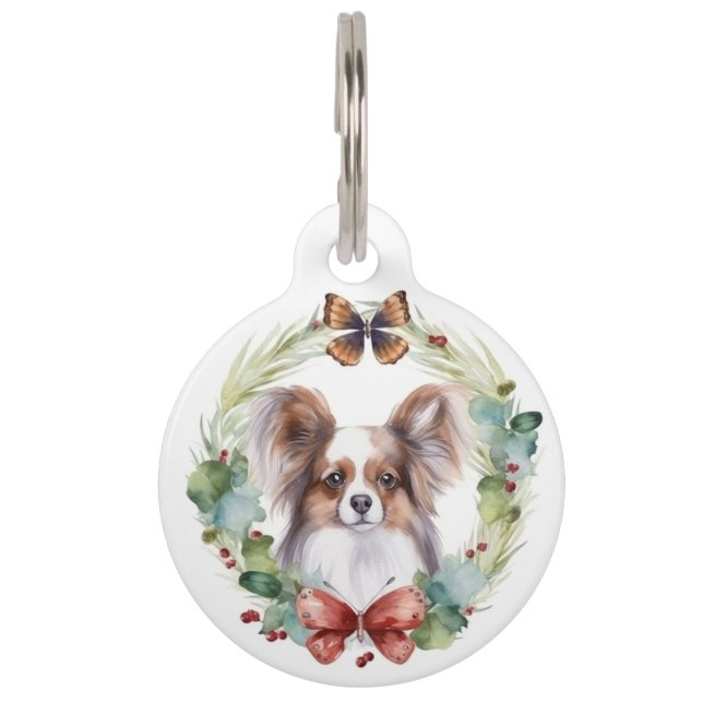 Placa Para Mascotas Corona de Navidad Papillon Perro festivo  (Reverso)