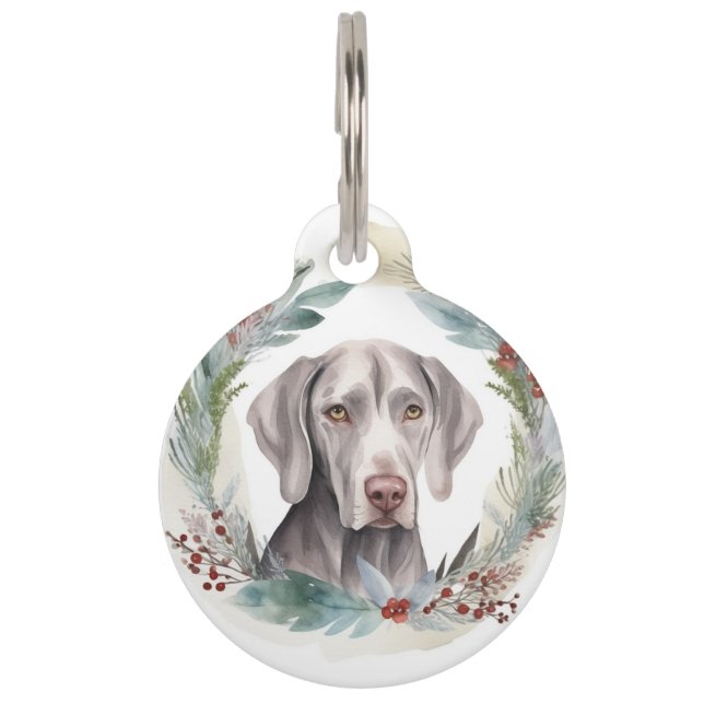 Placa Para Mascotas Corona de Navidad Weimaraner Cachorro Festivo (Anverso)