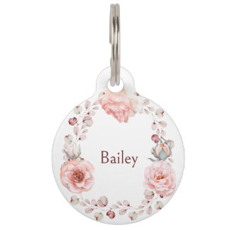 Placa Para Mascotas Corona de rosas en acuarela personalizada | Blanco