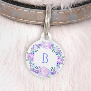Placa Para Mascotas Corona floral de peonía Rosa Purpúrea Azul Monogra