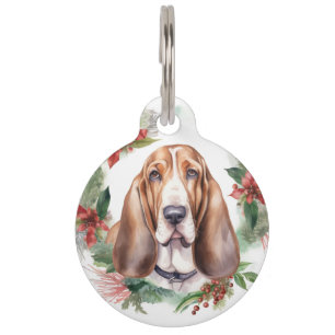 Placa Para Mascotas Corona Navideña de Basset Hound Perro Festivo
