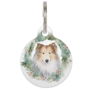 Placa Para Mascotas Corona Navideña de Collie Áspero Perro Festivo