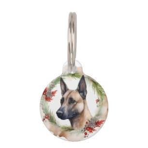Placa Para Mascotas Corona Navideña de Malinoi Belga Cachorro Festivo