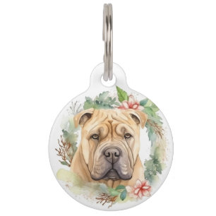 Placa Para Mascotas Corona Navideña de Shar Pei Perro Festivo