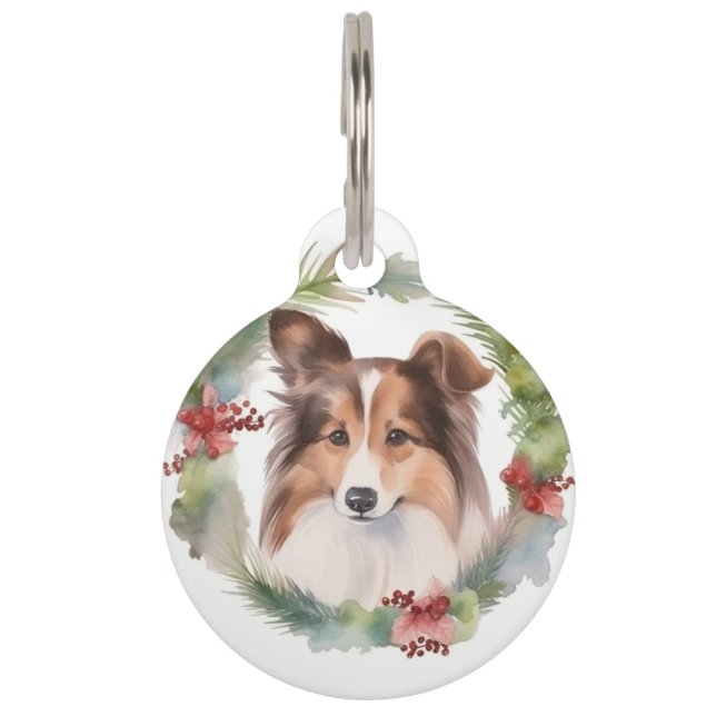 Placa Para Mascotas Corona Navideña de Shetland Sheepdog Perro Fiel Fe (Anverso)