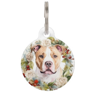 Placa Para Mascotas Corona Navideña Festiva de Staffordshire Americano