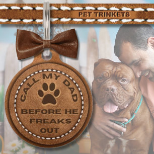 Placa Para Mascotas Cowboy Occidental de cuero marrón llama a mi papá 