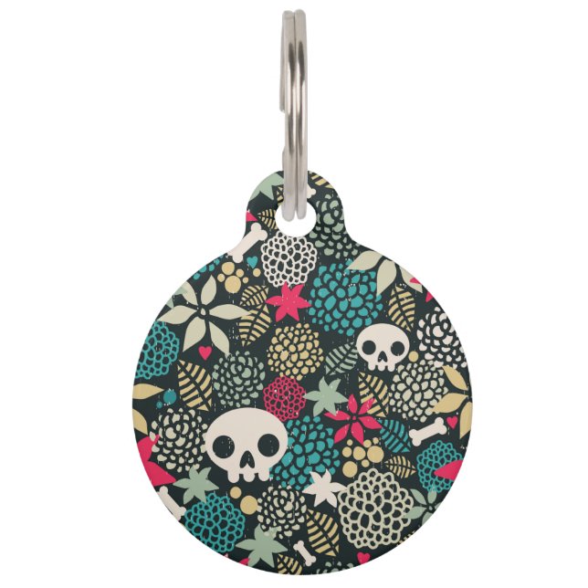 Placa Para Mascotas Cráneo de flores (Anverso)