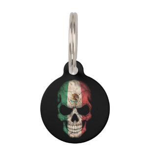 Placa Para Mascotas Cráneo de la bandera mexicana en negro