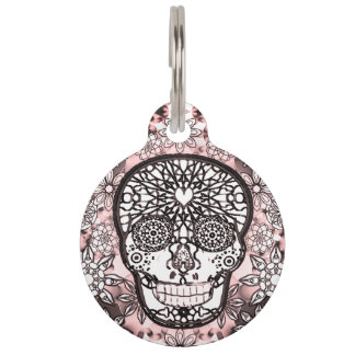 Placa Para Mascotas Cráneo del azúcar en rosa