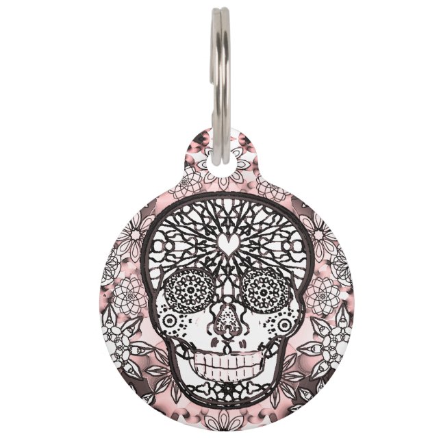 Placa Para Mascotas Cráneo del azúcar en rosa (Reverso)