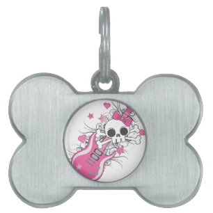Placa Para Mascotas Cráneo lindo con guitarra rosa
